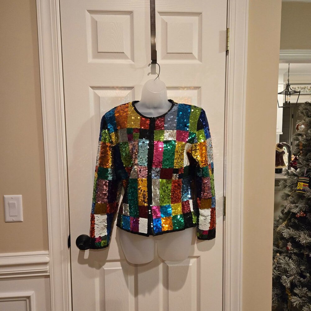 Vintage Adrienne Vittadini Rainbow Sequin Glitter Patchwork Jacket Small - Picture 5 of 15